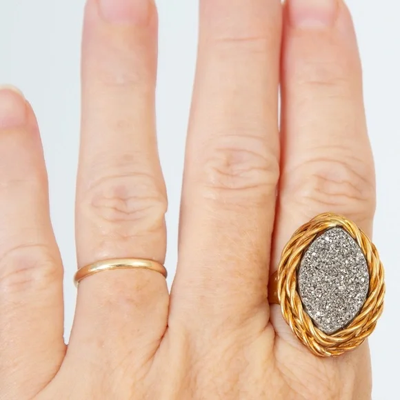 2 tone 14Kt Italy statement ring platinum druzy quartz luxury Vicenza Gold 10
